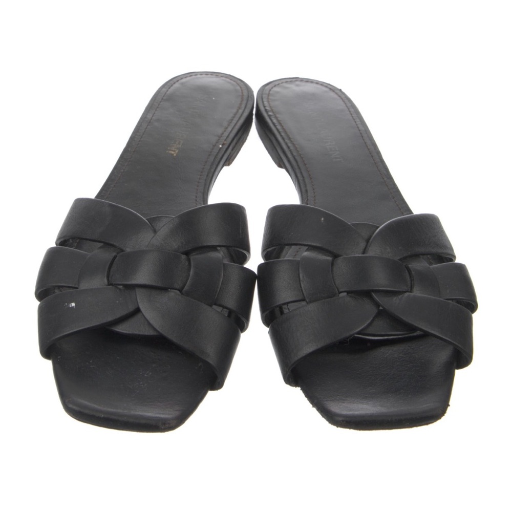 Saint Laurent Tribute slide sandals black leather woven 37